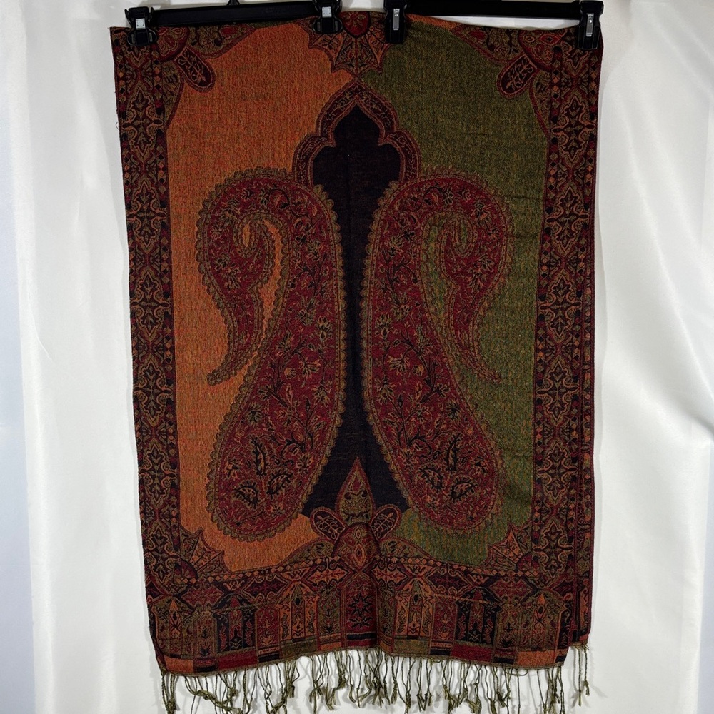 pashmina Paisley Fringe Wrap in Rust, Olive & Black 72 in x 26 in
